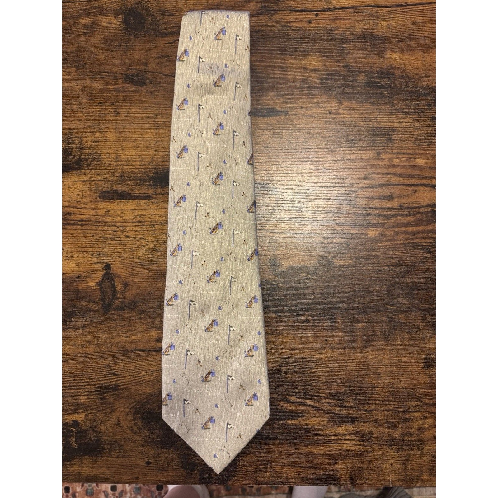 Kai Long Woven Silk Tie  BeigeBlue Golf Novelty Pattern  Fathers Day